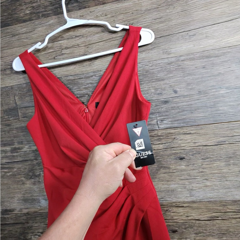 GUESS Red Draped V-Neck Midi Dress - Picture 2 of 13